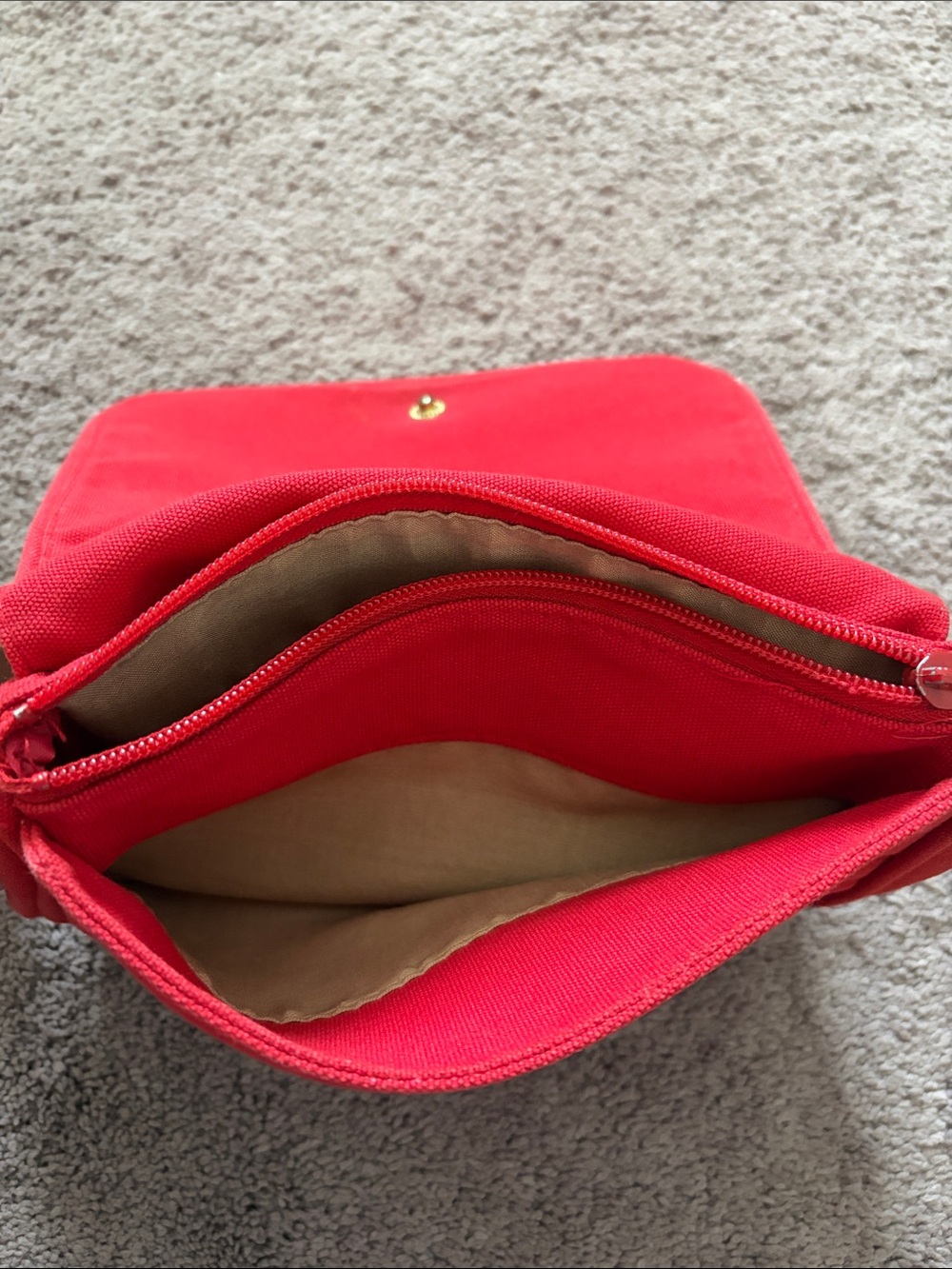 Red Canvas Crossbody Bag with Beige Strap - Picture 3 of 11